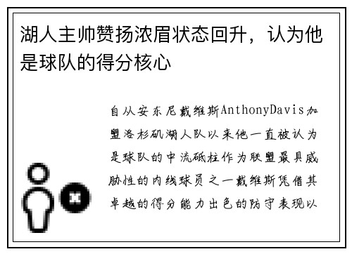 湖人主帅赞扬浓眉状态回升，认为他是球队的得分核心