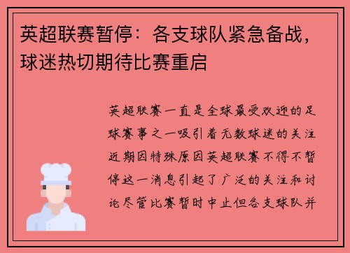 英超联赛暂停：各支球队紧急备战，球迷热切期待比赛重启