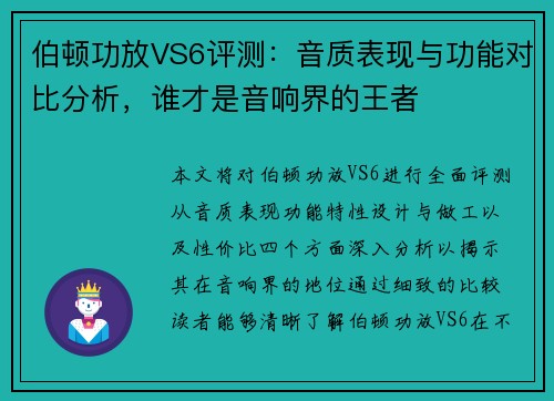 伯顿功放VS6评测：音质表现与功能对比分析，谁才是音响界的王者